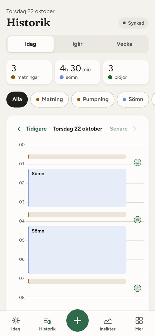 Knoppios historik i appen, med dagens matningar, sömn och blöjor på en tidslinje