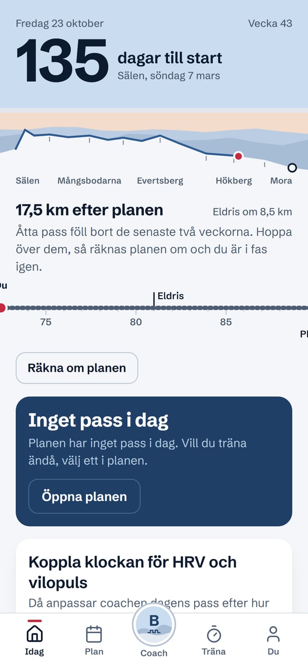 VasaCoachs Idag-vy i appen, med nedräkning till start och banprofil från Sälen till Mora